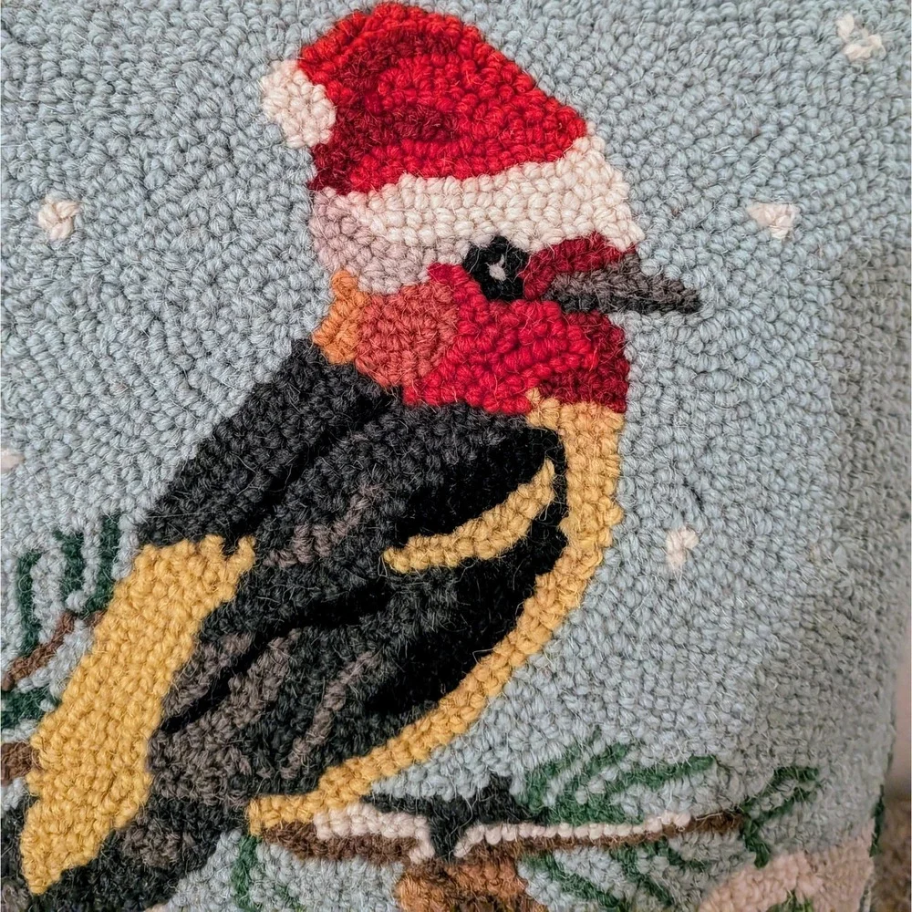 Christmas Bird Hooked‎ Pillow Red Santa Hat Winter Scene Decorative 14x17